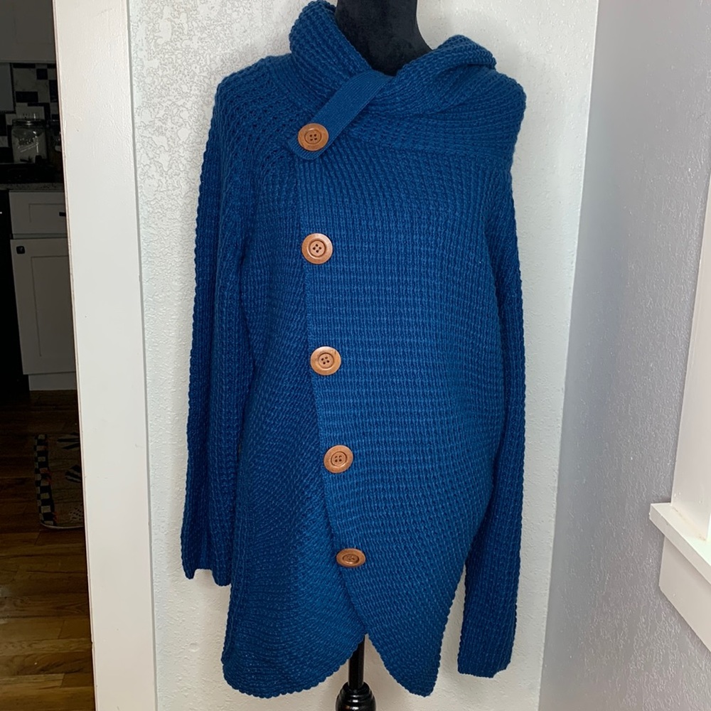 Grecerelle 2XL Blue Chunky Knit Asymmetrical Button Cardigan Cowl Neck Artsy